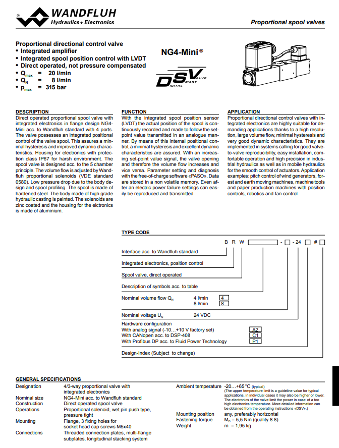 Proportional spool valve (integrated electronics and LVDT) BRW_24_4